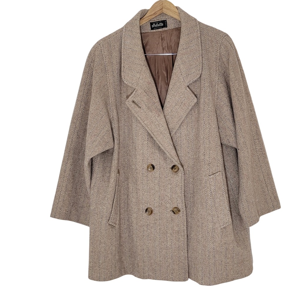 VTG Arlette‎ Wool Tweed Herringbone Double Breasted Oversized Coat Made in USA M